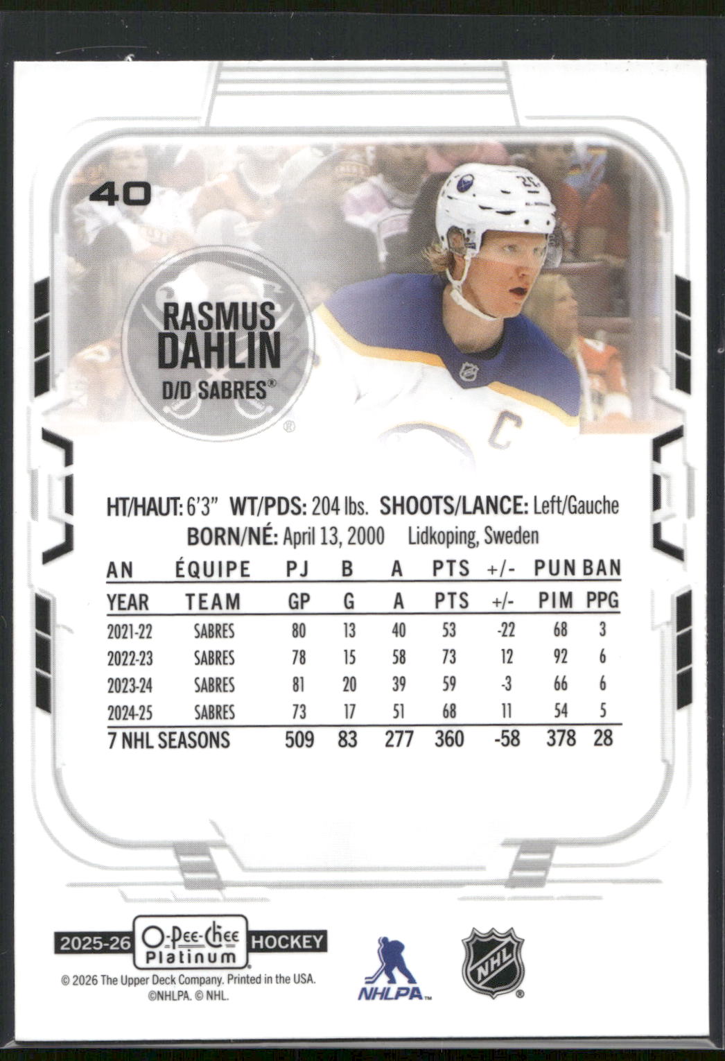 2025-26 O-Pee-Chee Platinum #40 Rasmus Dahlin