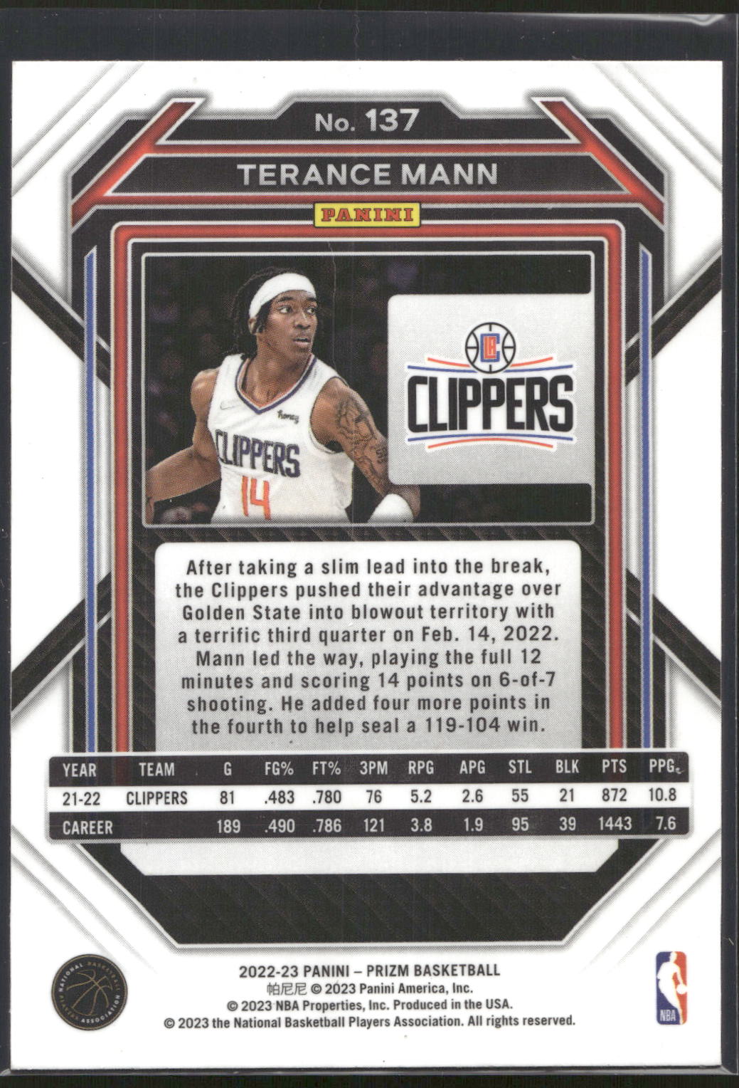 2022-23 Panini Prizm #137 Terance Mann