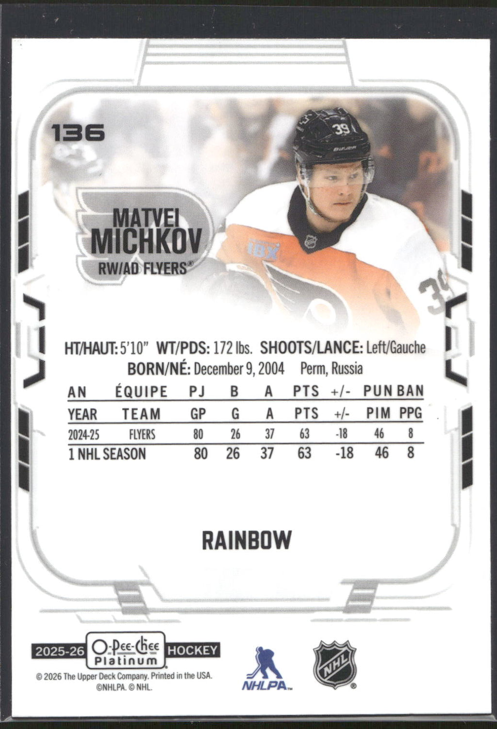 2025-26 O-Pee-Chee Platinum #136 Matvei Michkov Rainbow