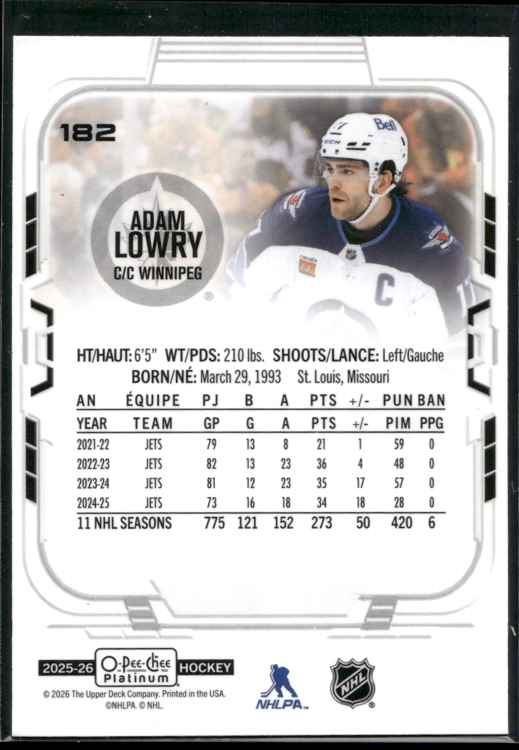 2025-26 O-Pee-Chee Platinum #182 Adam Lowry