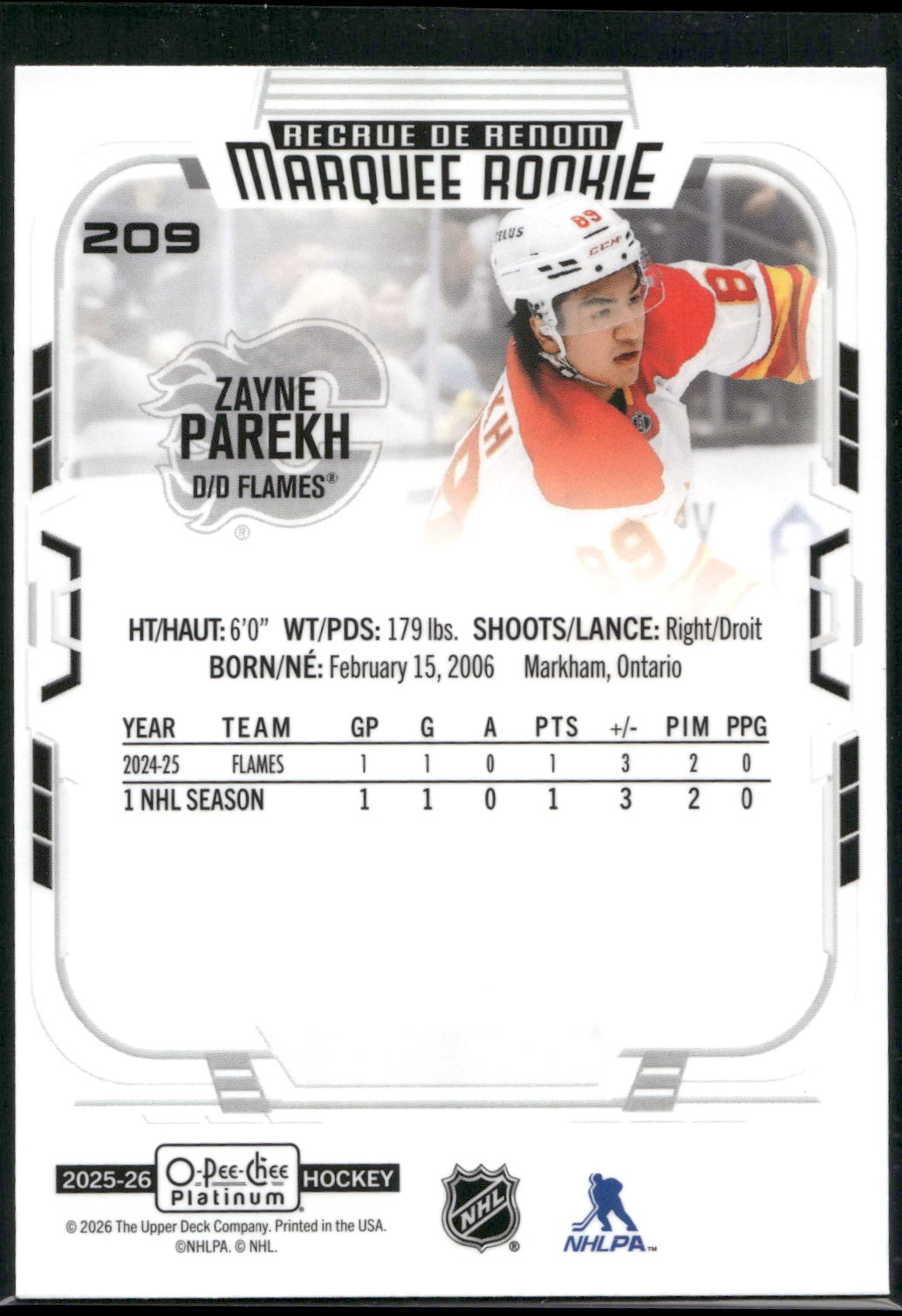 2025-26 O-Pee-Chee Platinum #209 Zayne Parekh