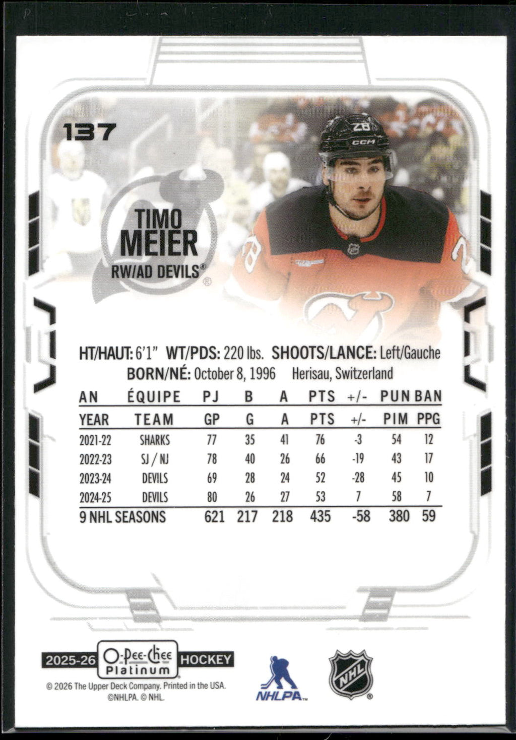 2025-26 O-Pee-Chee Platinum #137 Timo Meier