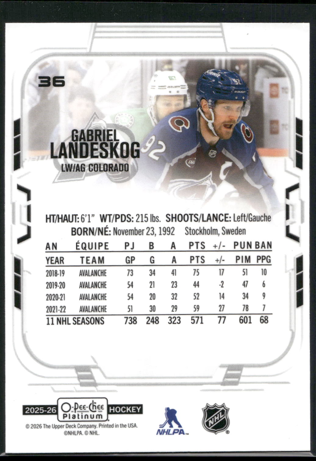 2025-26 O-Pee-Chee Platinum #36 Gabriel Landeskog