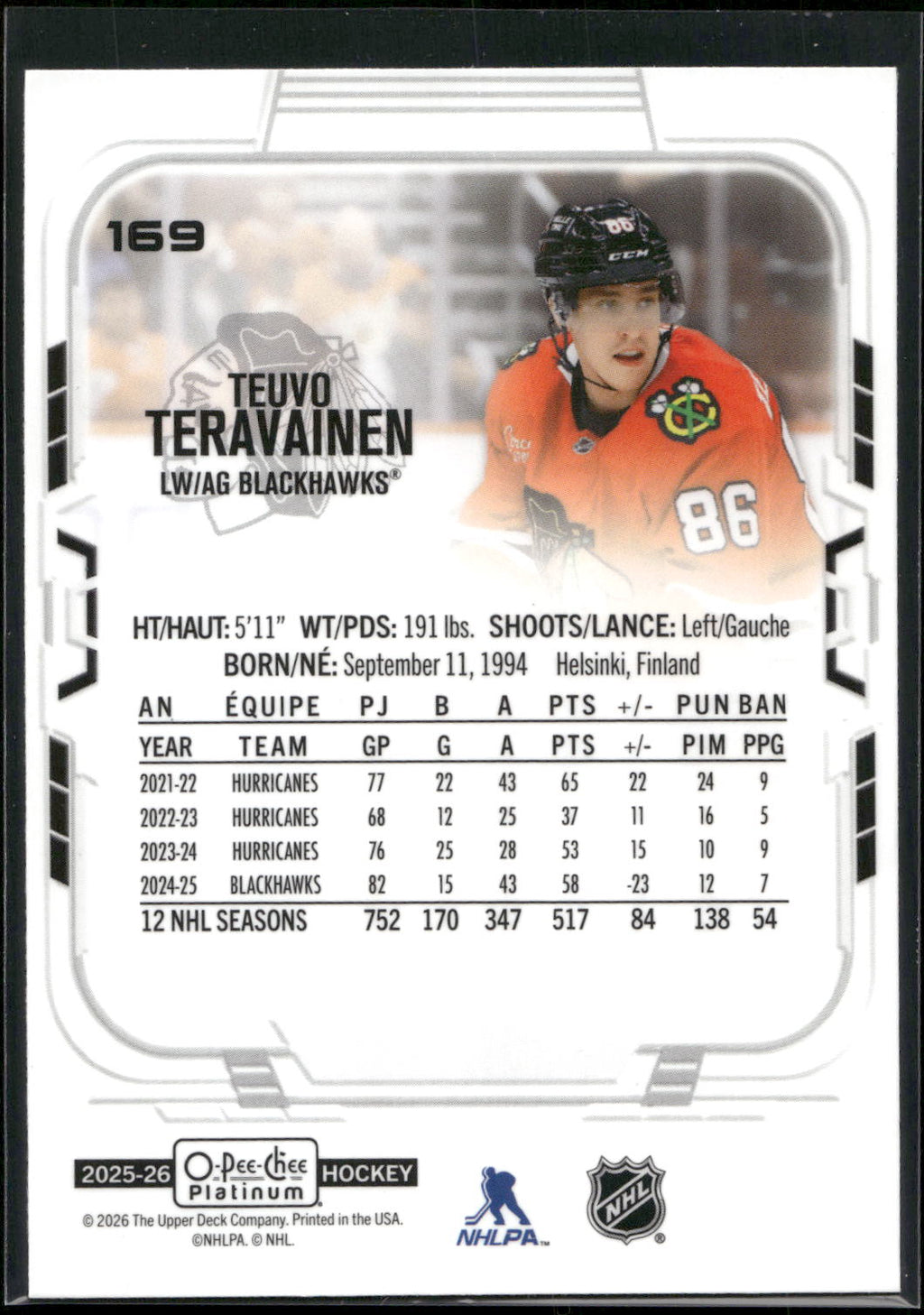 2025-26 O-Pee-Chee Platinum #169 Teuvo Teravainen