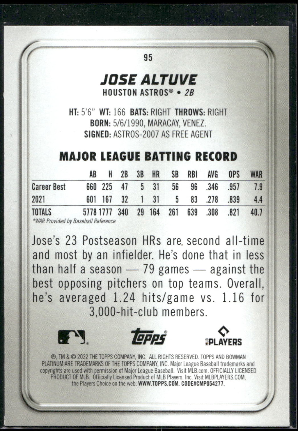 2022 Bowman Platinum #95 Jose Altuve Ice Foilboard