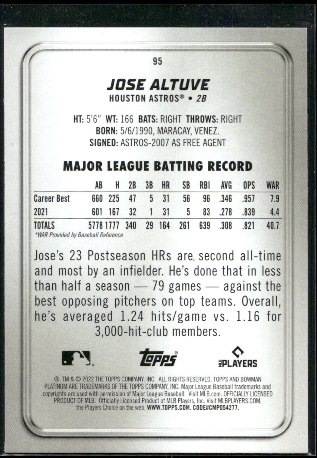 2022 Bowman Platinum #95 Jose Altuve Ice Foilboard