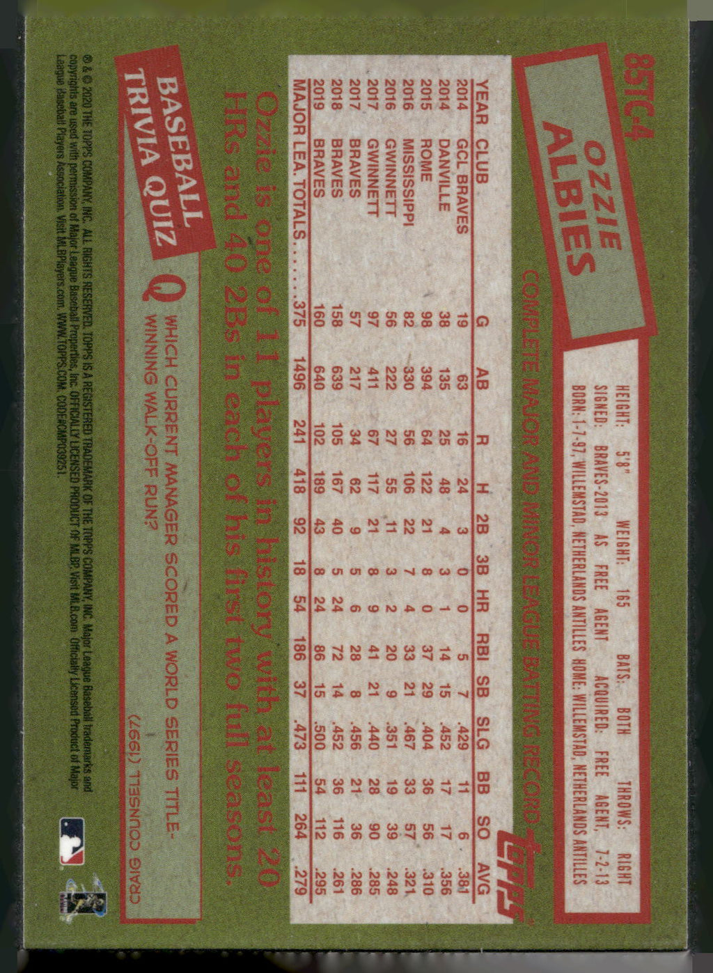 2020 Topps #85TC-4 Ozzie Albies 1985 Topps Chrome Silver Pack
