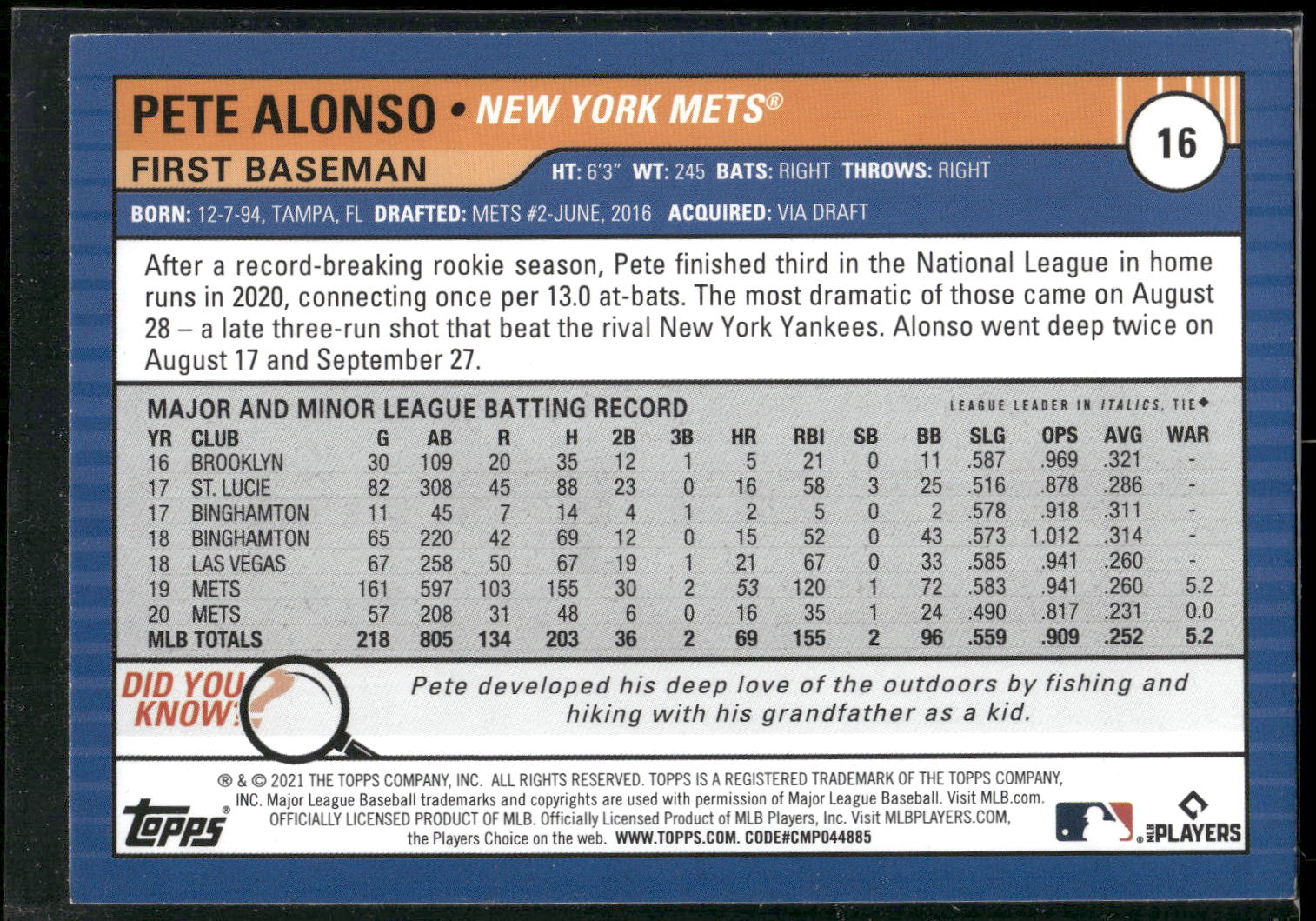 2021 Topps Big League #16 Pete Alonso Electric Blue