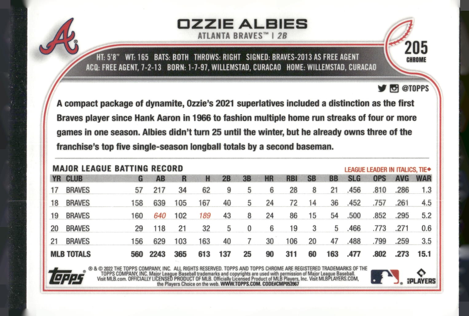 2022 Topps Chrome #205 Ozzie Albies