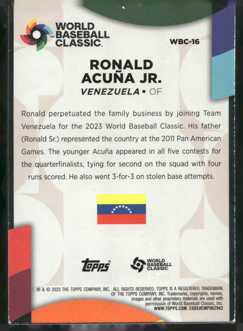 2023 Topps #WBC-16 Ronald Acuña Jr. 2023 World Baseball Classic Stars