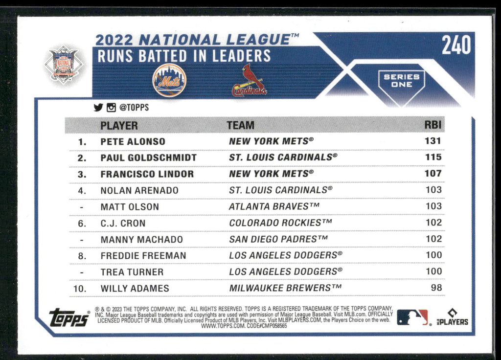 2023 Topps #240 (Pete Alonso / Paul Goldschmidt / Francisco Lindor)