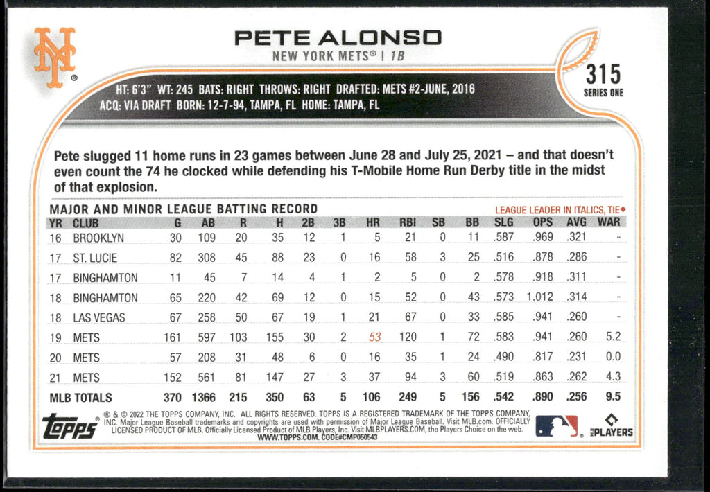 2022 Topps #315 Pete Alonso