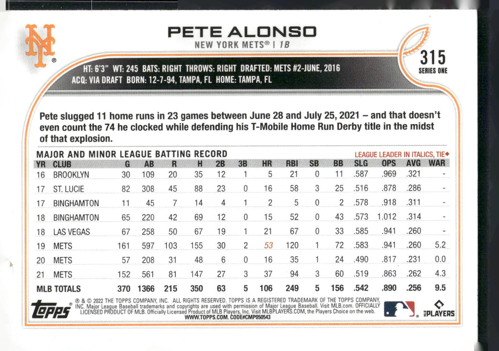 2022 Topps #315 Pete Alonso