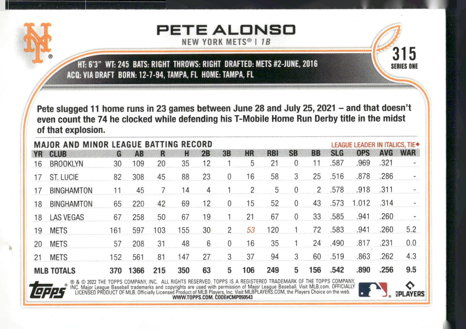 2022 Topps #315 Pete Alonso