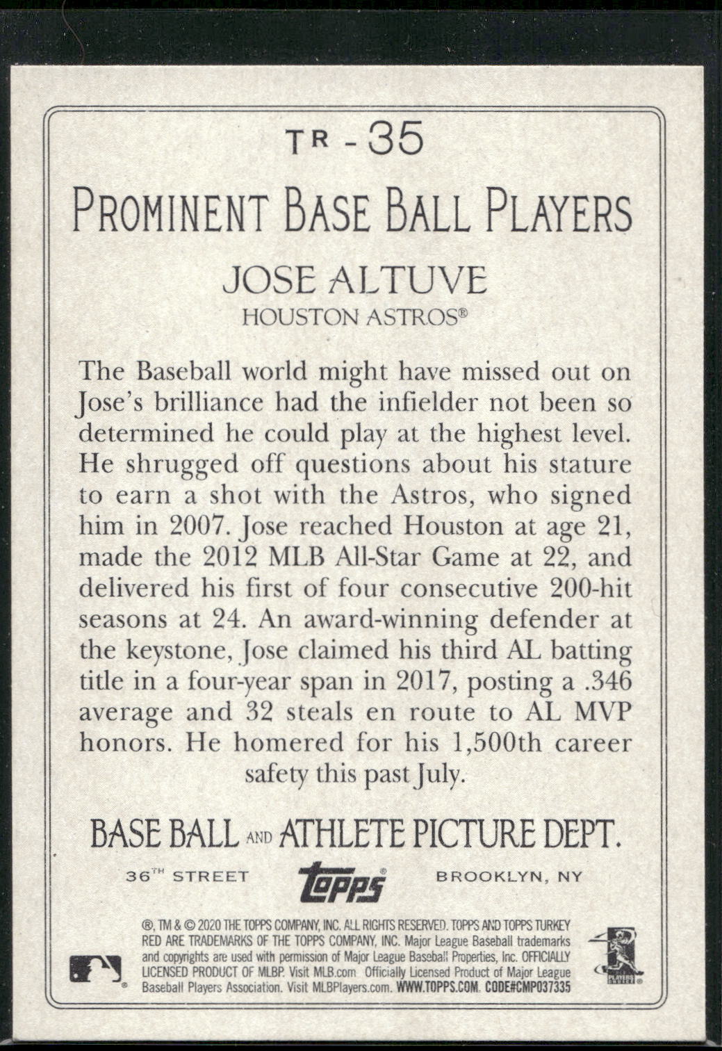 2020 Topps #TR-35 Jose Altuve Turkey Red 2020 (Series 1)