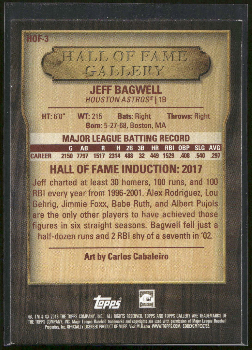 2018 Topps Gallery #HOF-3 Jeff Bagwell Hall of Fame Gallery