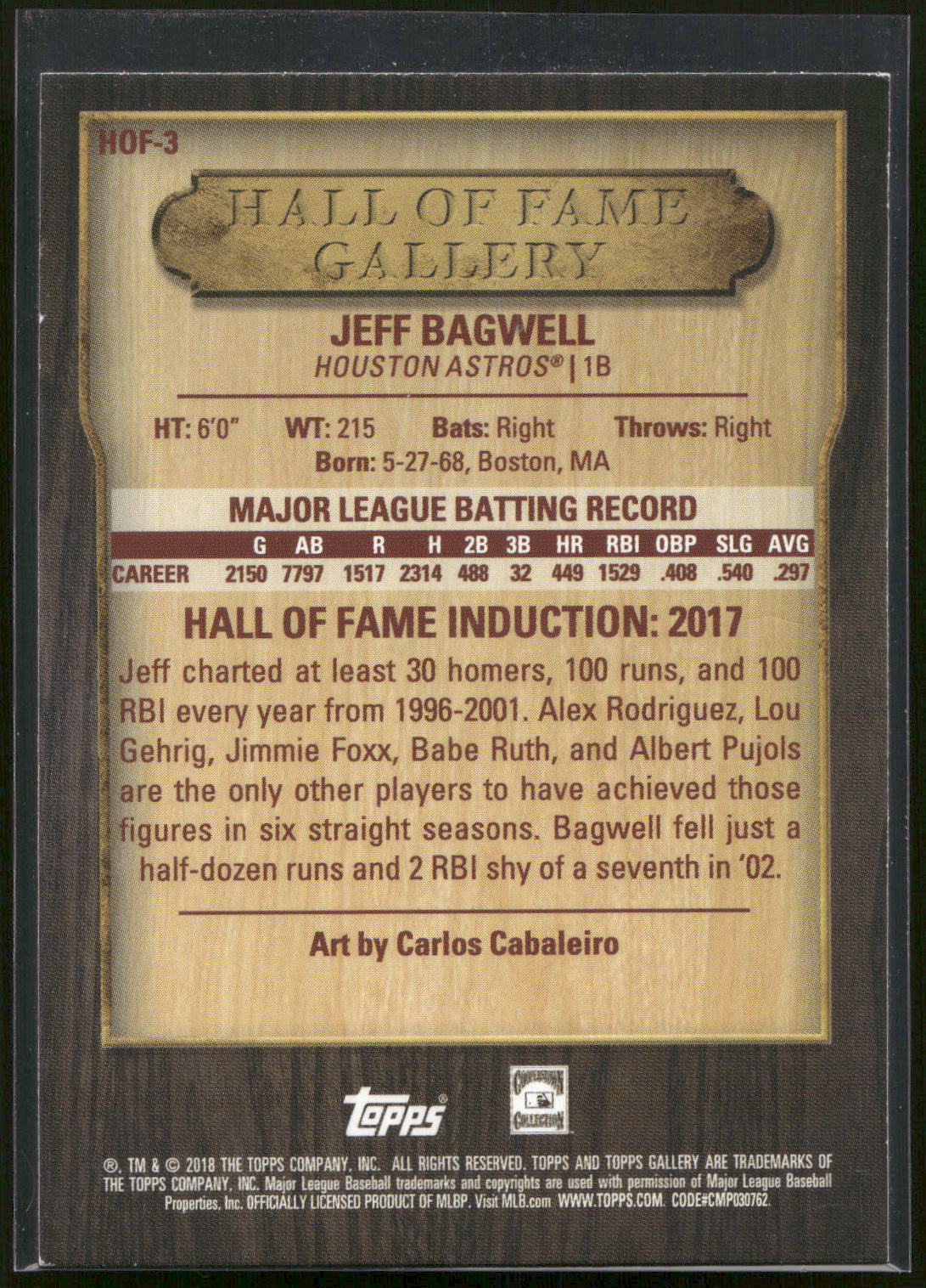 2018 Topps Gallery #HOF-3 Jeff Bagwell Hall of Fame Gallery