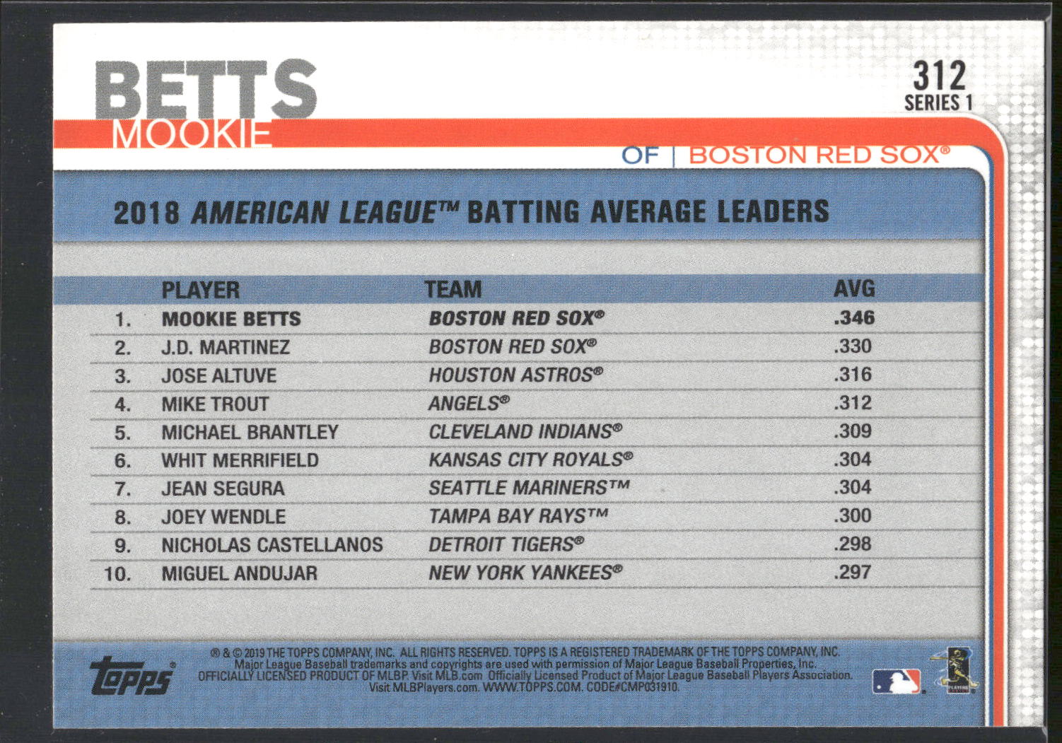 2019 Topps #312 Mookie Betts