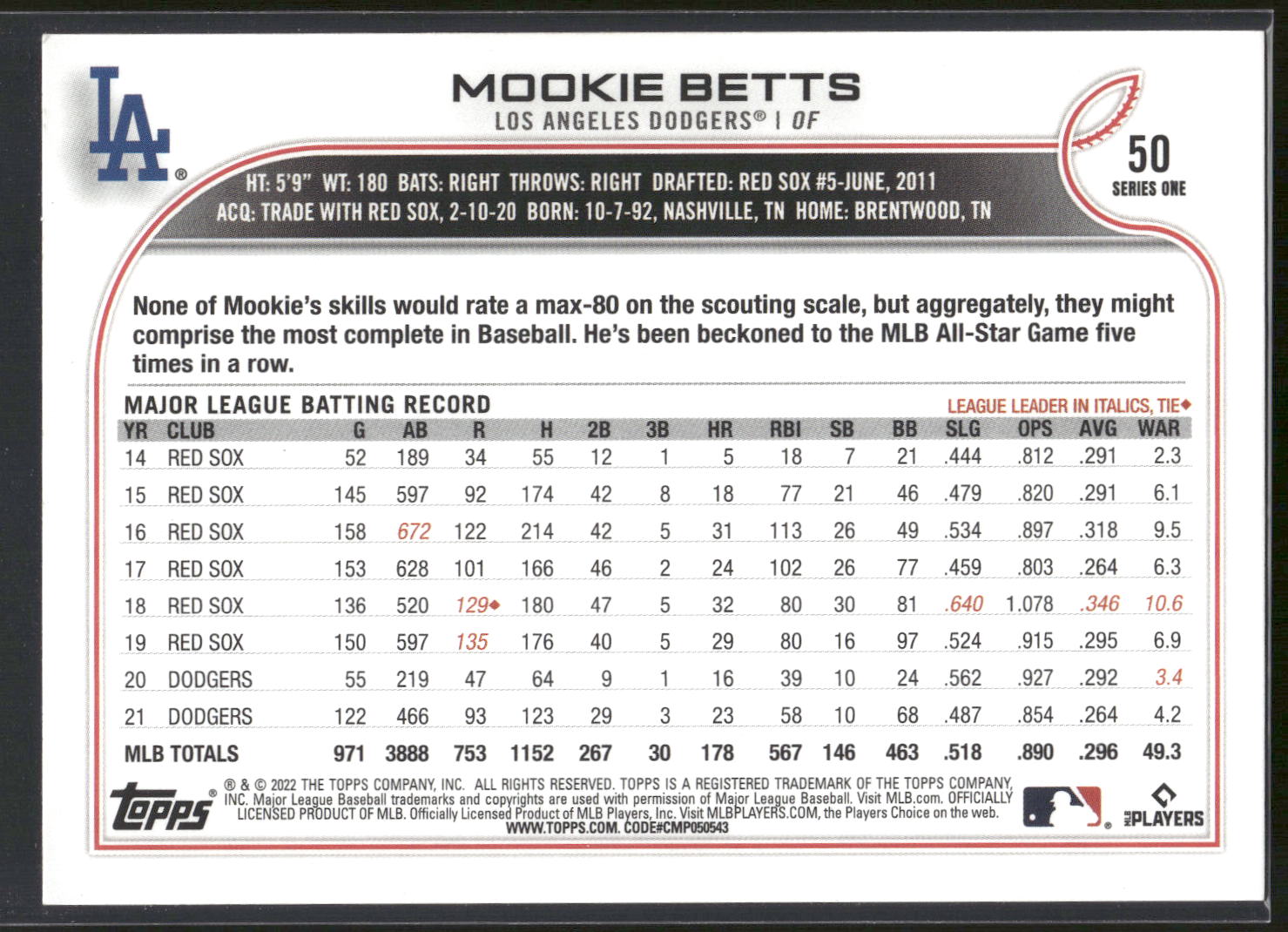 2022 Topps #50 Mookie Betts