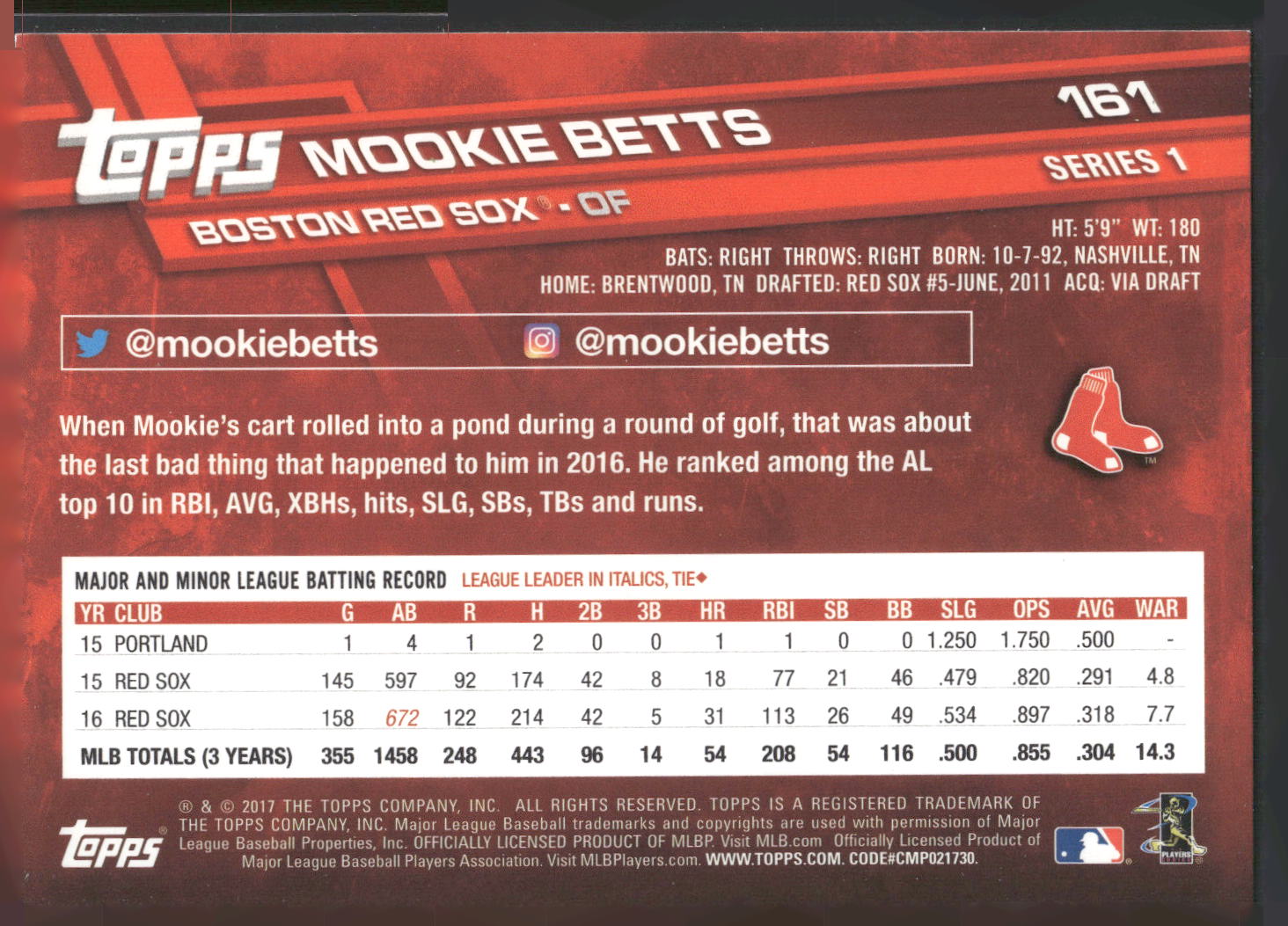 2017 Topps #161 Mookie Betts