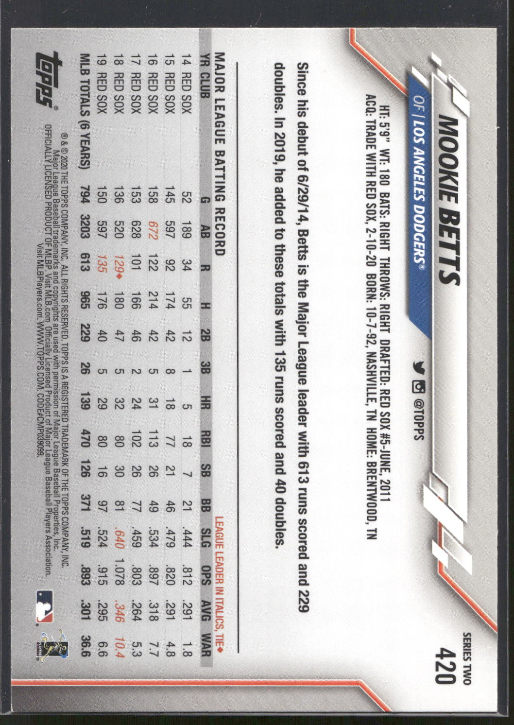 2020 Topps #420 Mookie Betts