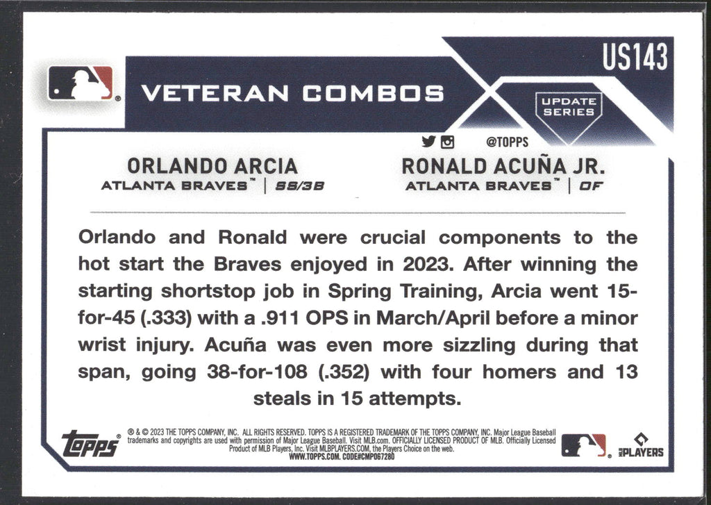2023 Topps Update #US143 Atlanta Bats Awaken (Orlando Arcia / Ronald Acuña Jr.)