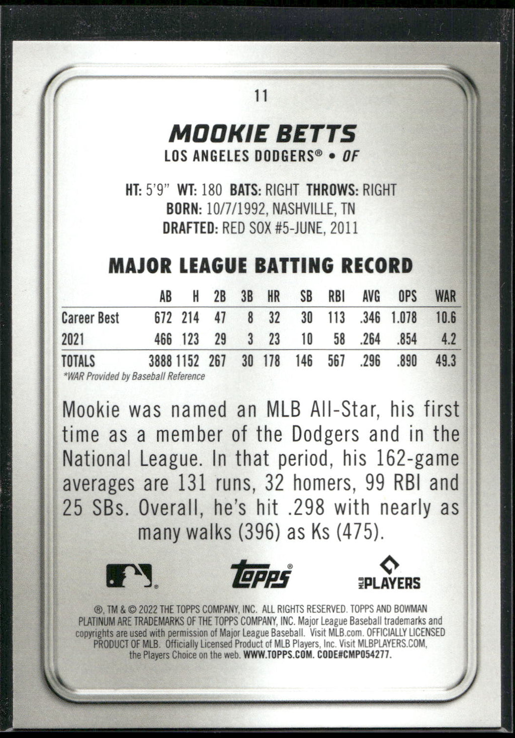 2022 Bowman Platinum #11 Mookie Betts