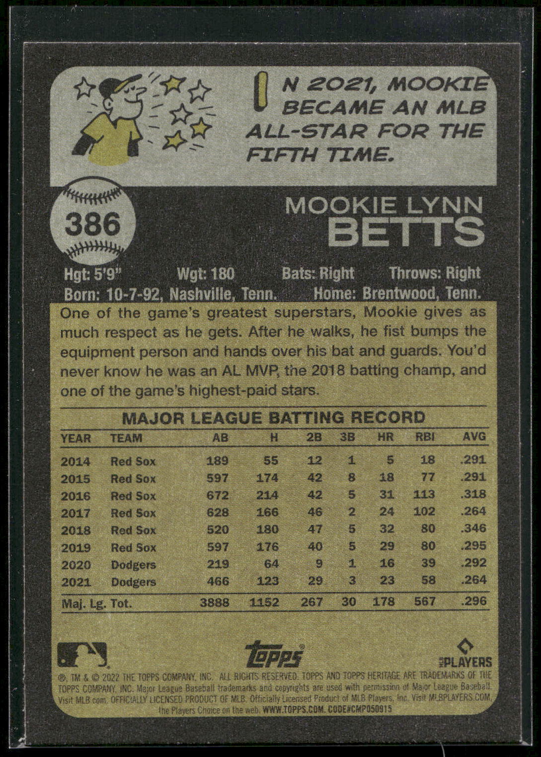 2022 Topps Heritage #386 Mookie Betts