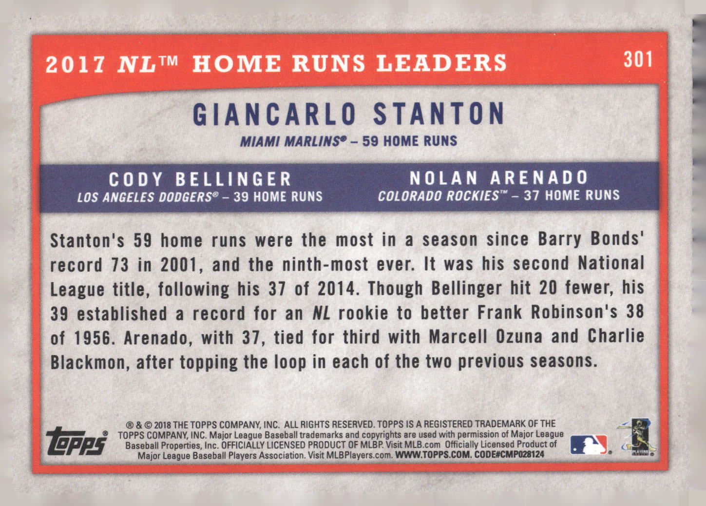 2018 Topps Big League #301 (Stanton / Cody Bellinger / Nolan Arenado) Gold