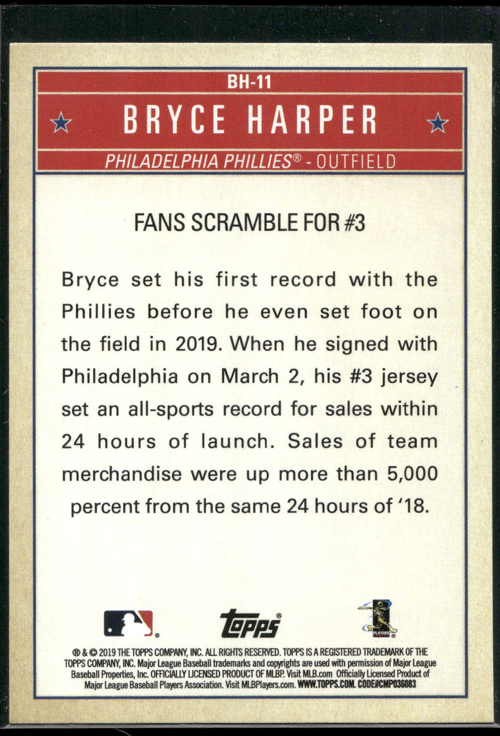 2019 Topps Update #BH-11 Bryce Harper Bryce Harper Welcome to Philly