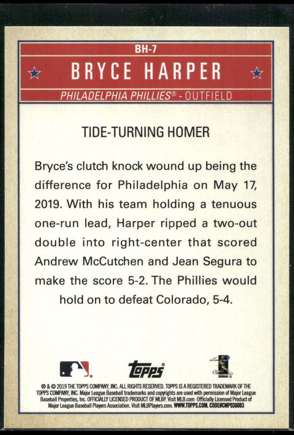2019 Topps Update #BH-7 Bryce Harper Bryce Harper Welcome to Philly