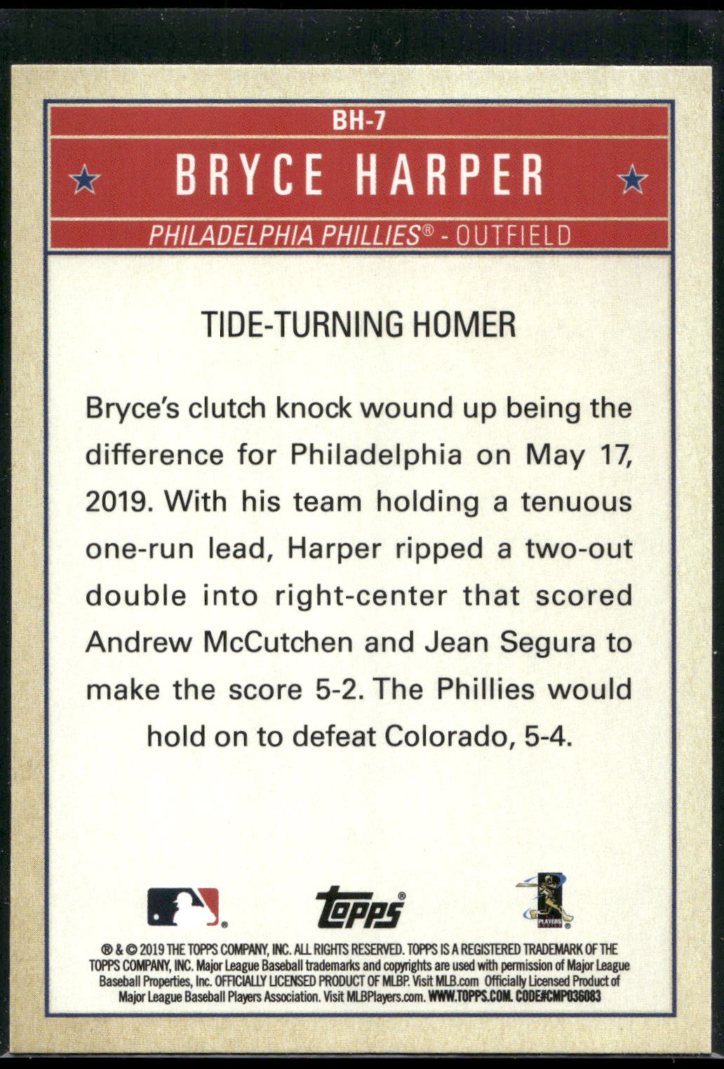2019 Topps Update #BH-7 Bryce Harper Bryce Harper Welcome to Philly