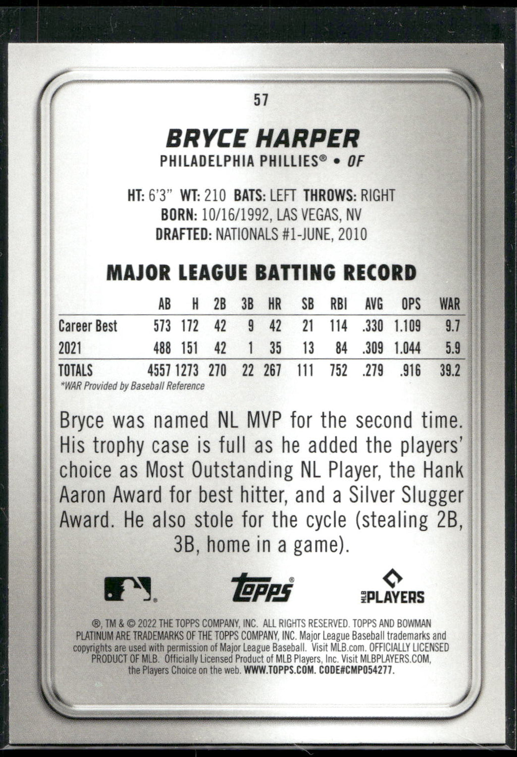 2022 Bowman Platinum #57 Bryce Harper