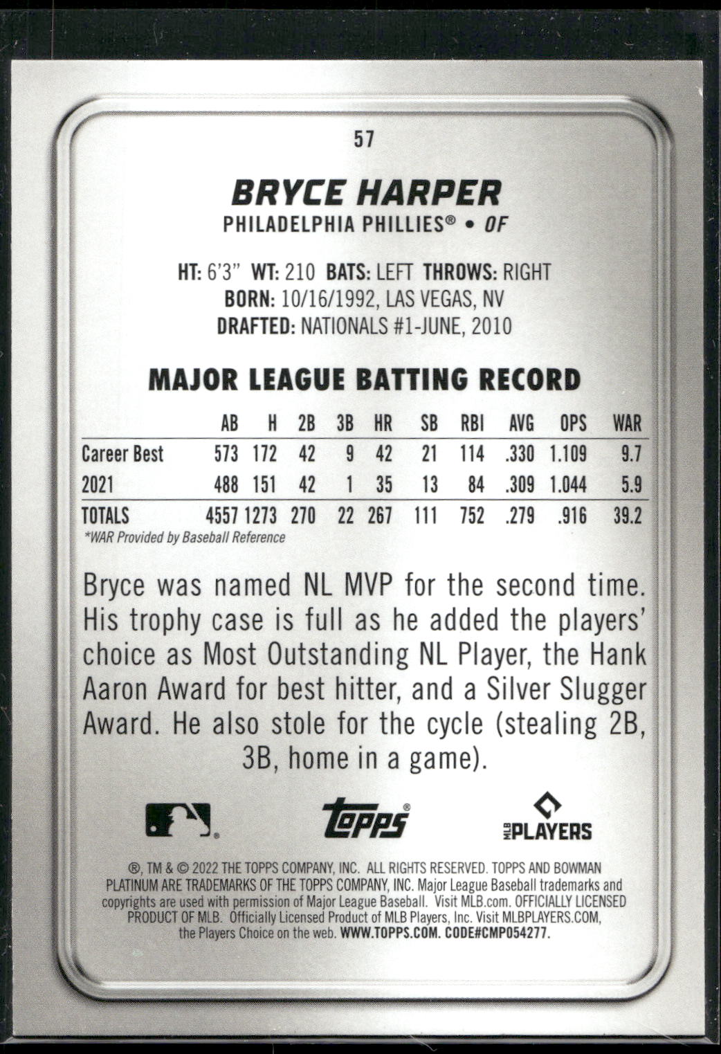 2022 Bowman Platinum #57 Bryce Harper
