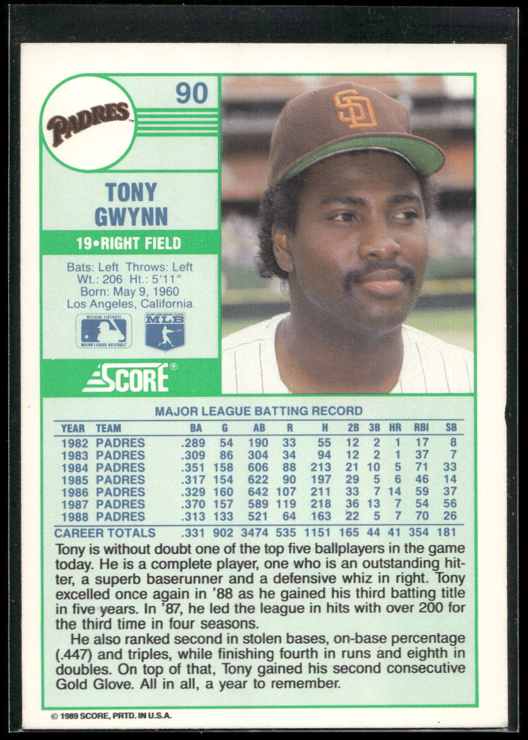 1989 Score #90 Tony Gwynn