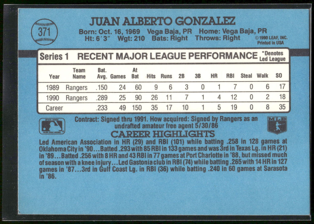 1991 Donruss #371 Juan Gonzalez