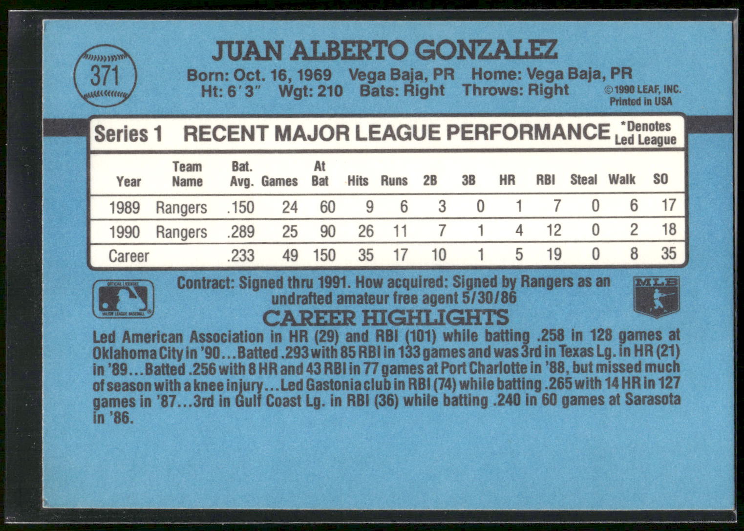 1991 Donruss #371 Juan Gonzalez