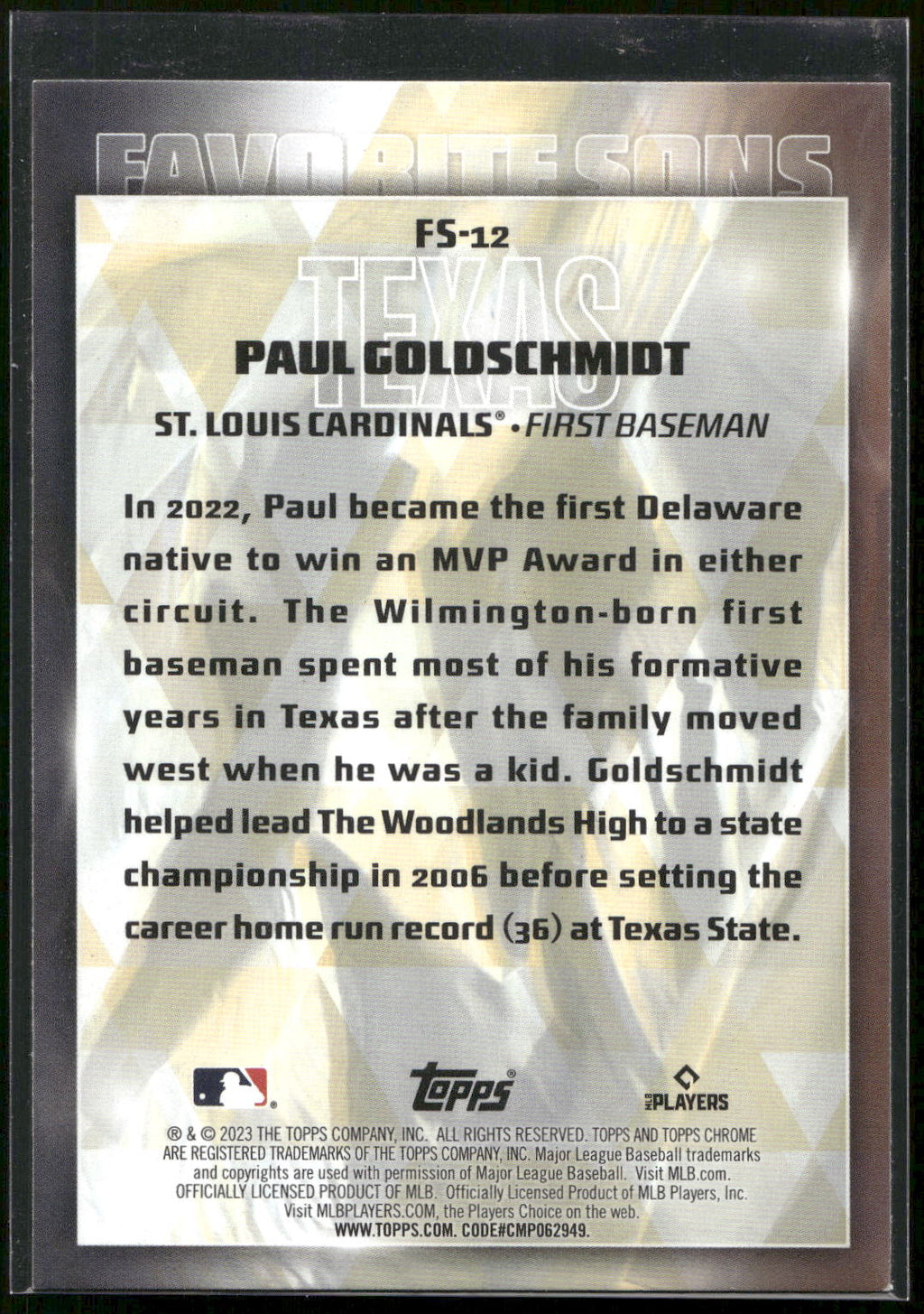 2023 Topps #FS-12 Paul Goldschmidt Favorite Sons