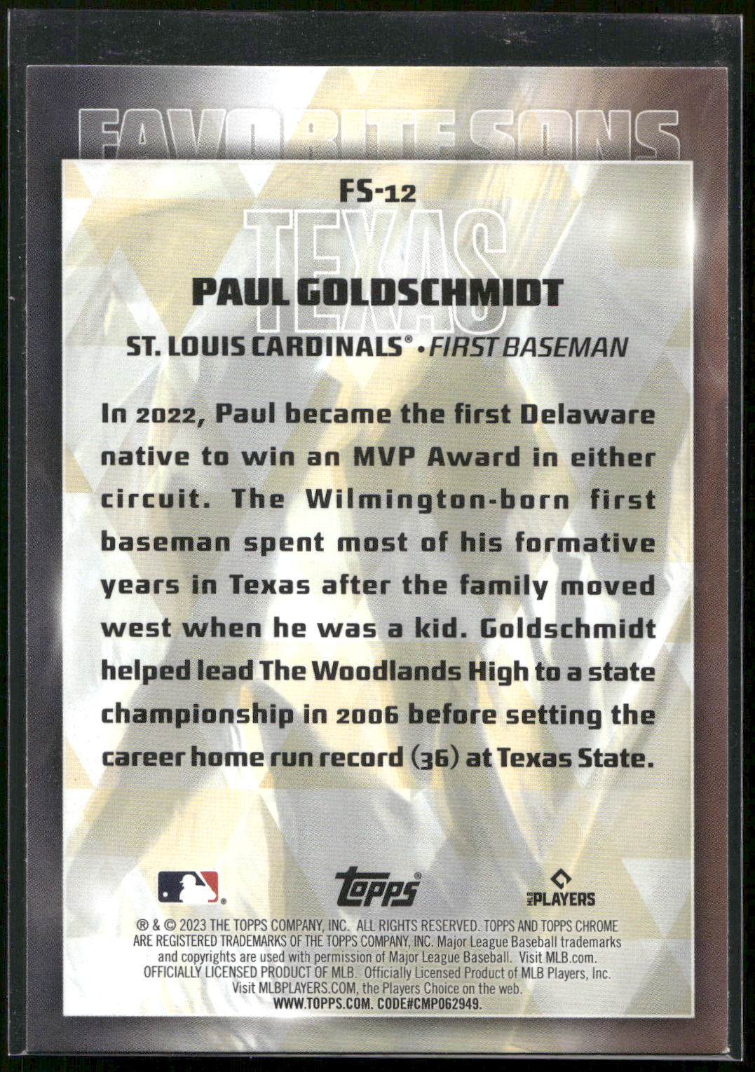 2023 Topps #FS-12 Paul Goldschmidt Favorite Sons