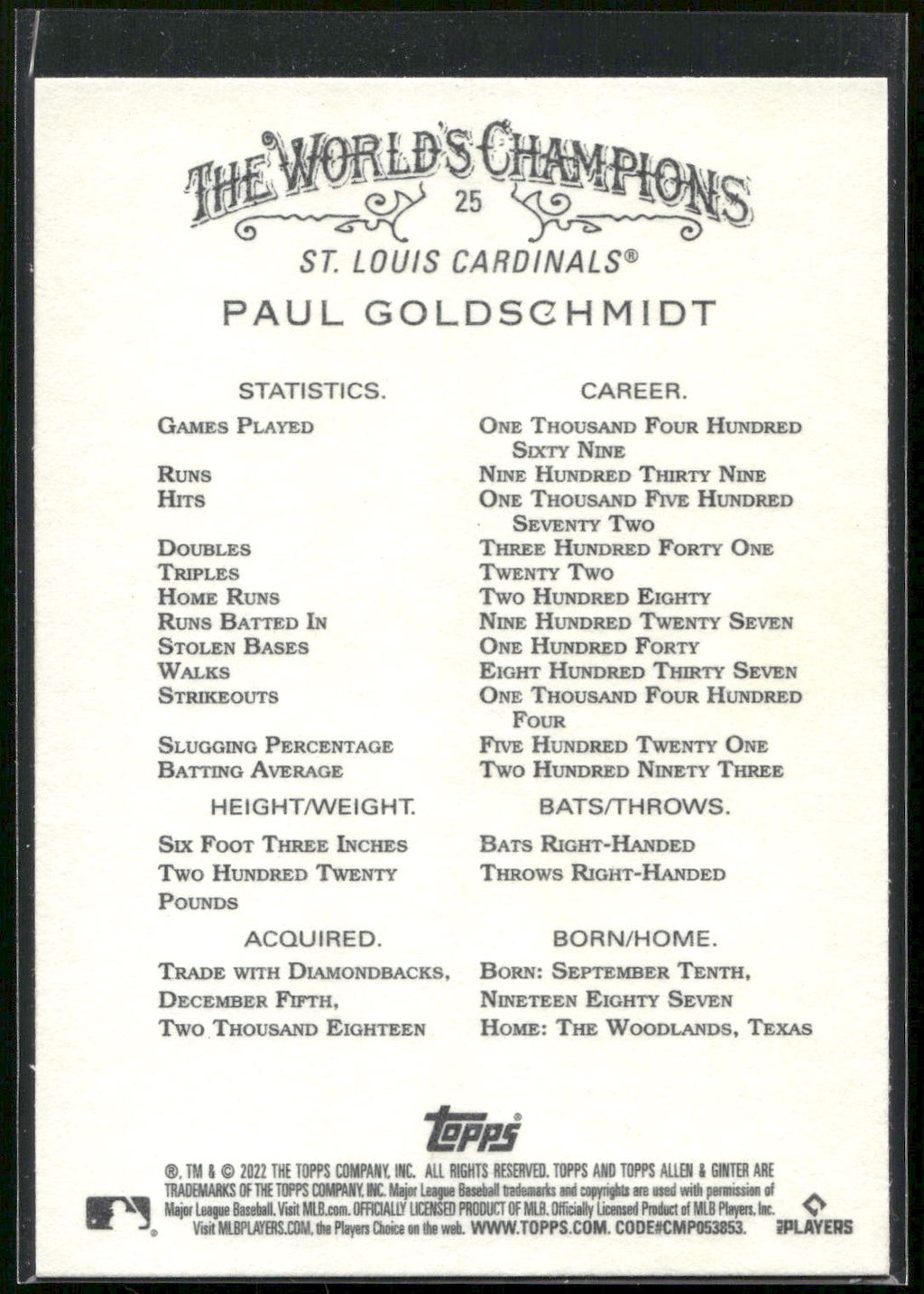 2022 Topps Allen & Ginter #25 Paul Goldschmidt