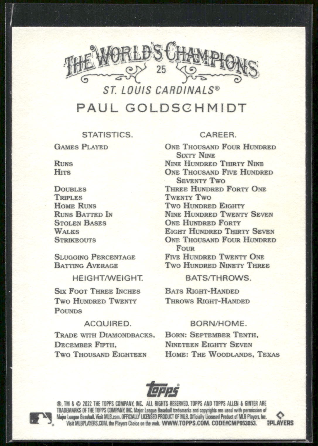 2022 Topps Allen & Ginter #25 Paul Goldschmidt