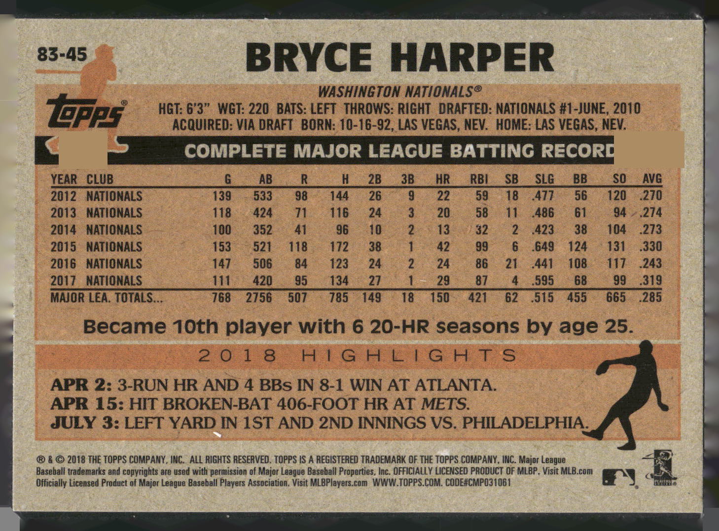 2018 Topps Update #83-45 Bryce Harper 1983 Topps