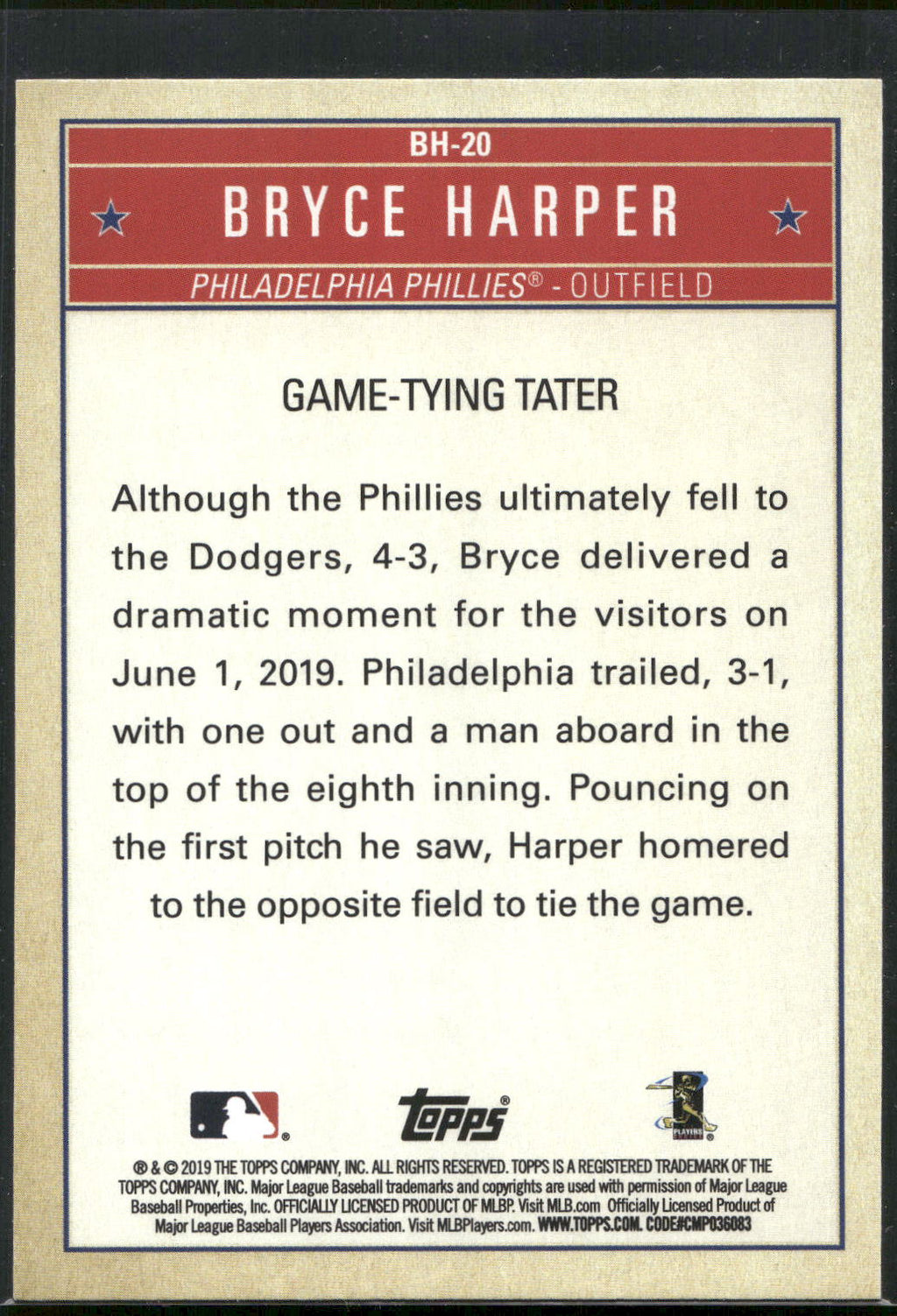 2019 Topps Update #BH-20 Bryce Harper Bryce Harper Welcome to Philly