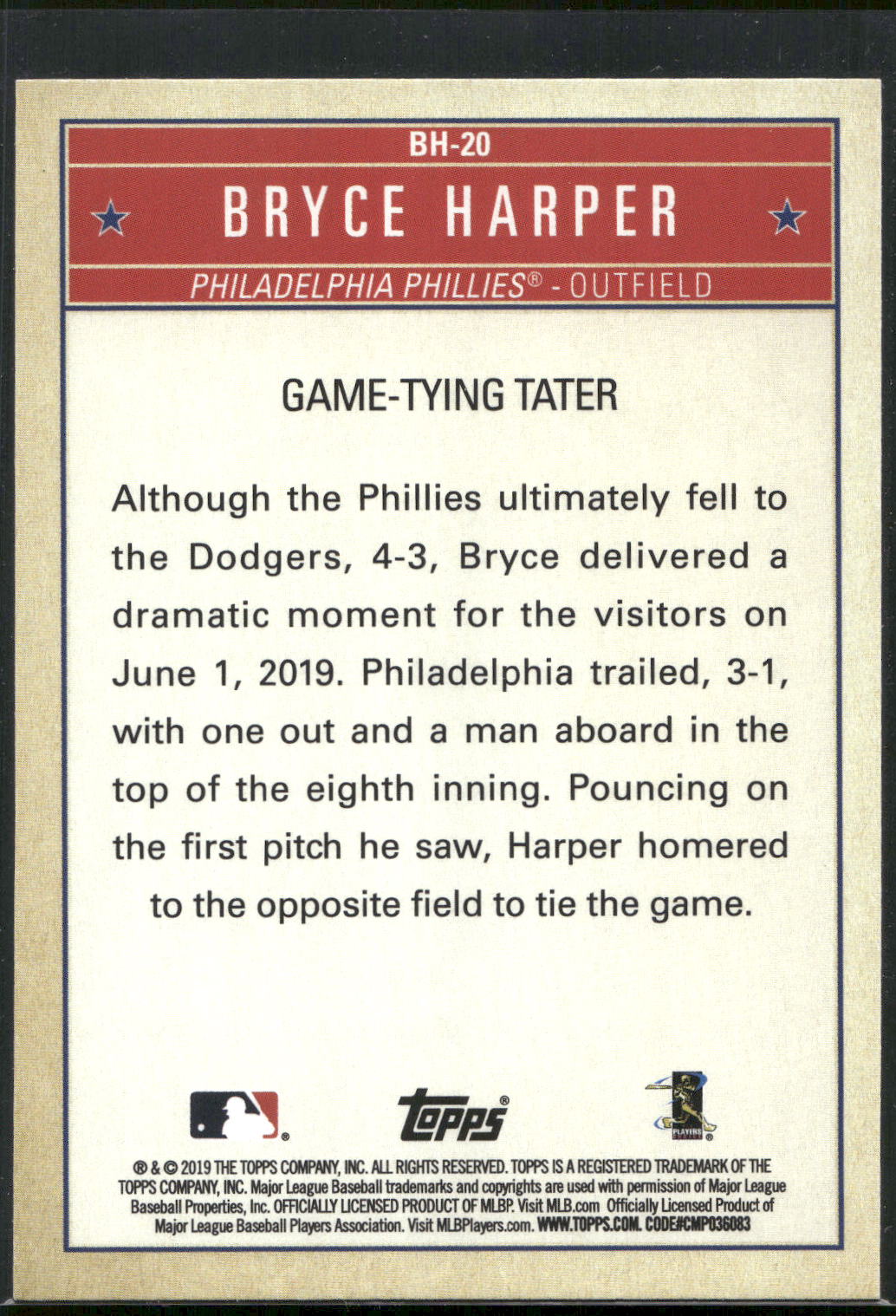 2019 Topps Update #BH-20 Bryce Harper Bryce Harper Welcome to Philly
