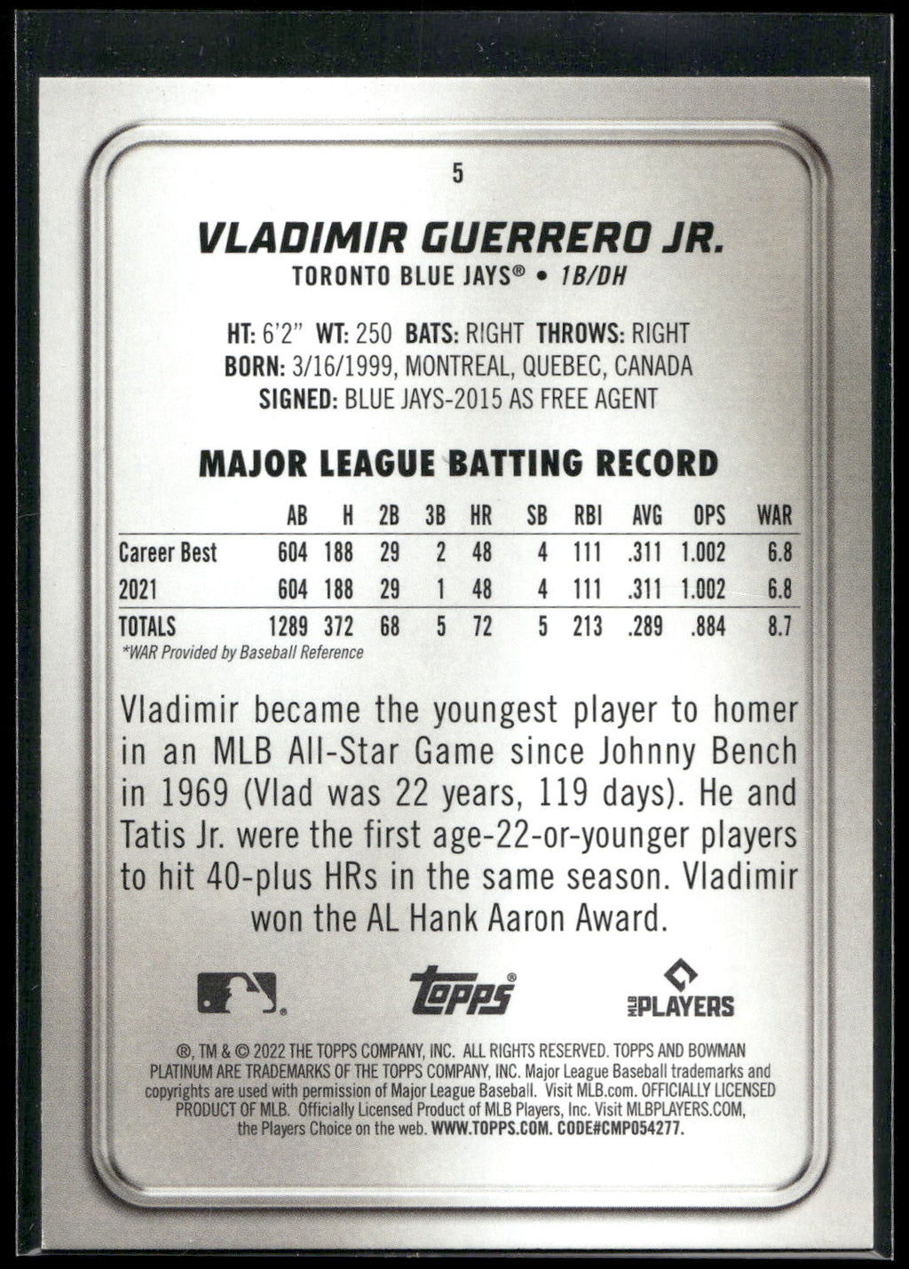 2022 Bowman Platinum #5 Vladimir Guerrero Jr.