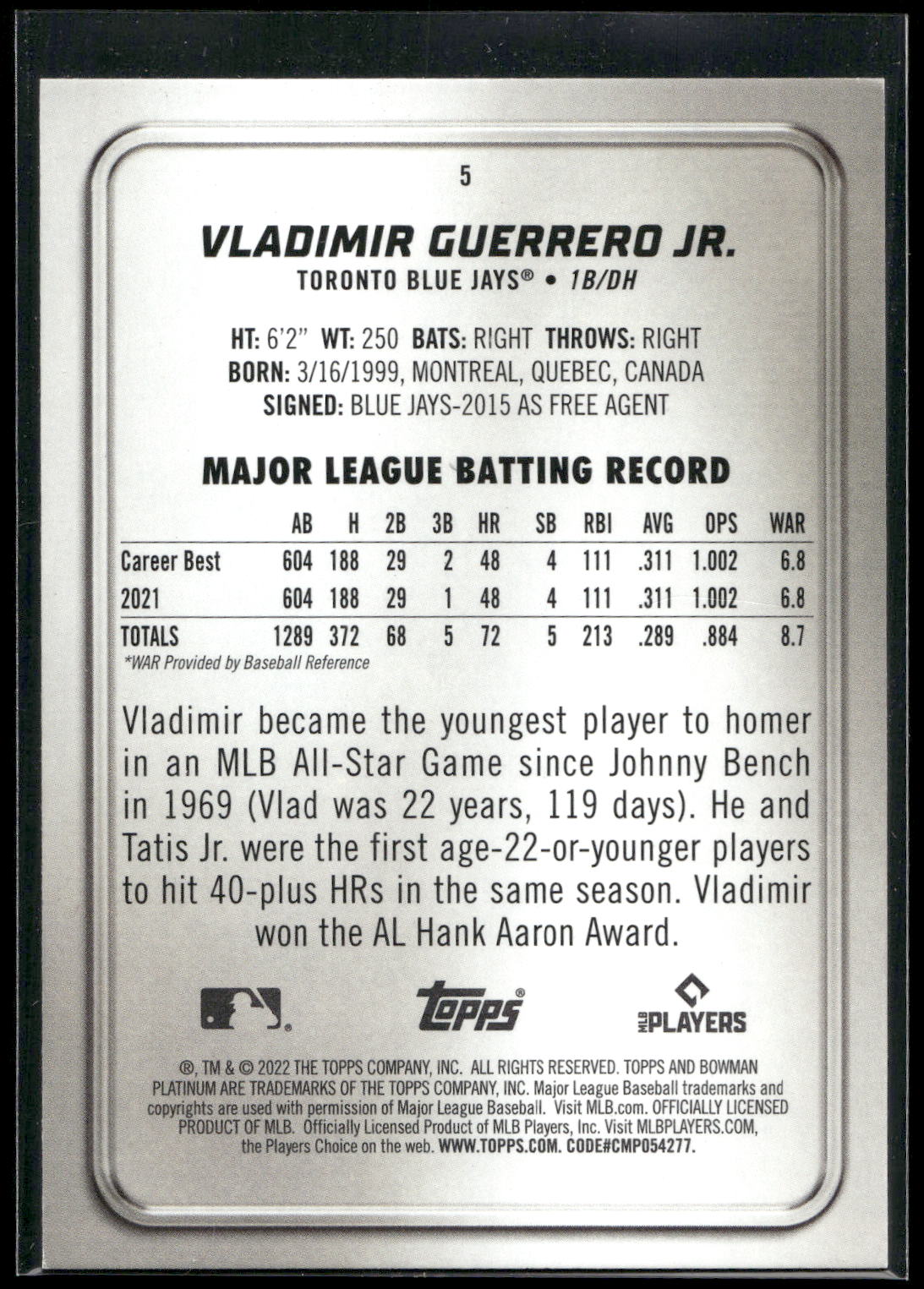 2022 Bowman Platinum #5 Vladimir Guerrero Jr.