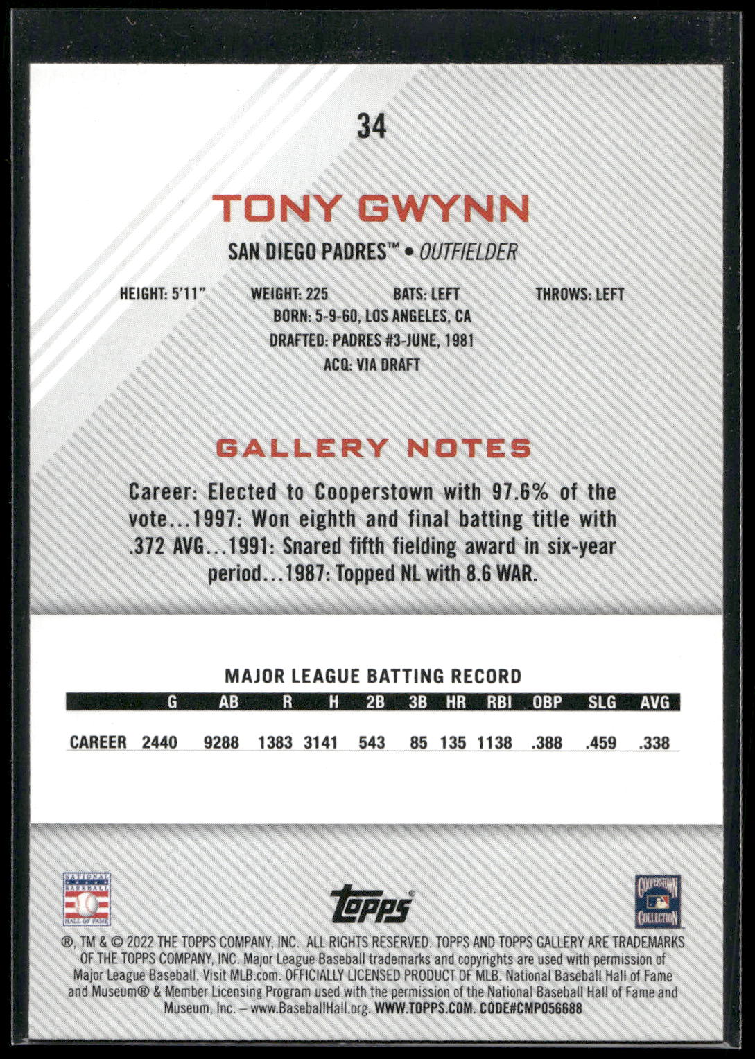 2022 Topps Gallery #34 Tony Gwynn
