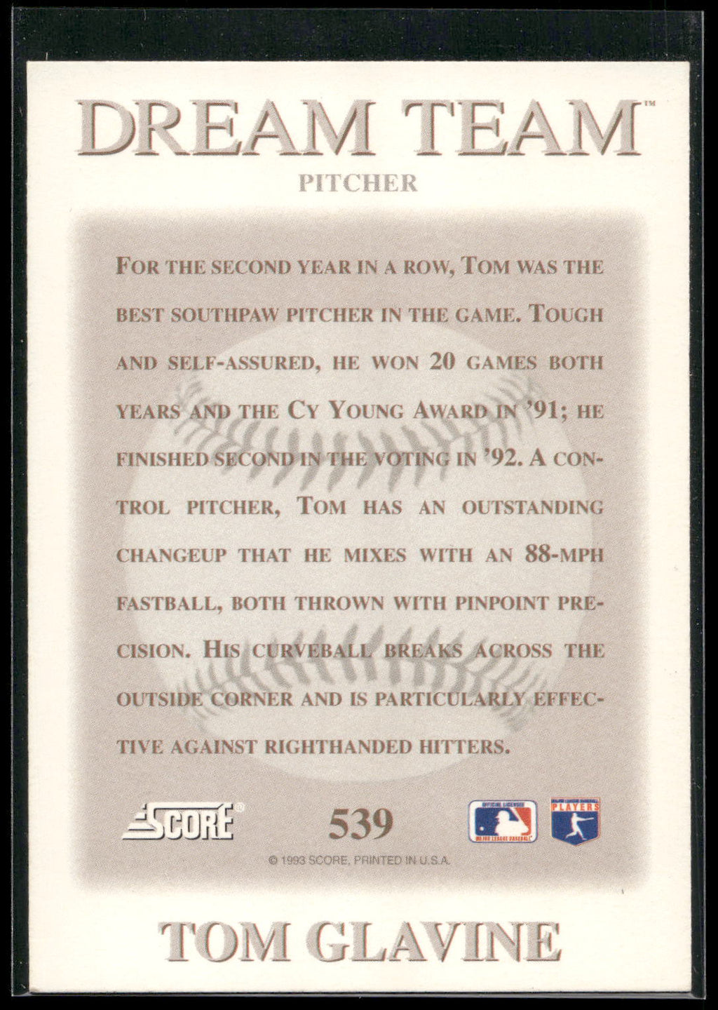 1993 Score #539 Tom Glavine