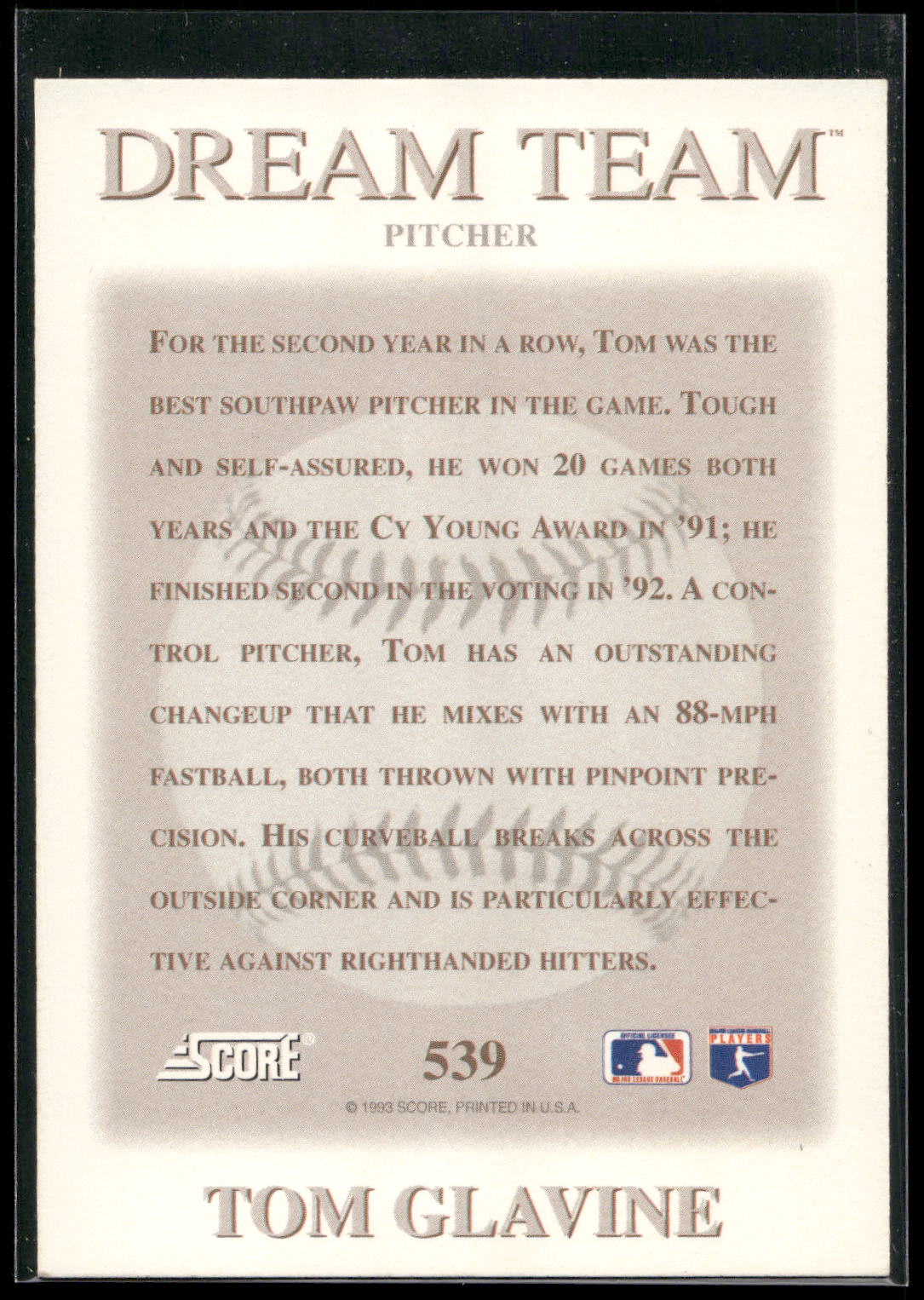 1993 Score #539 Tom Glavine