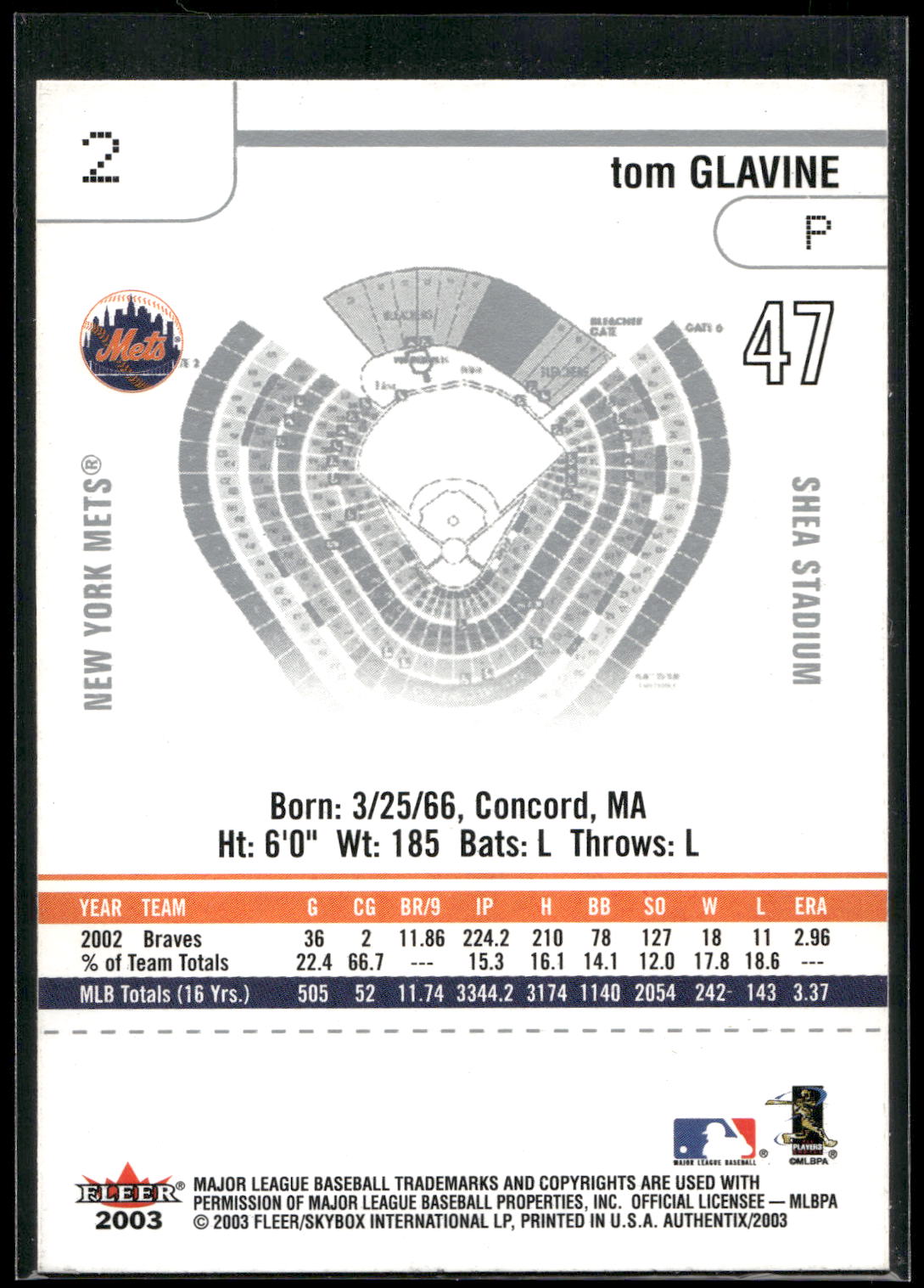 2003 Fleer Authentix #2 Tom Glavine